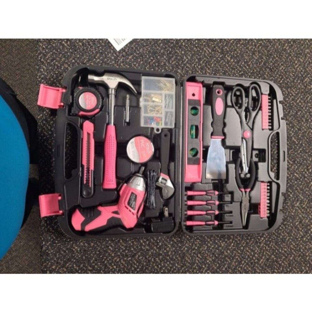 135 Piece Household Tool Kit Pink Pivoting Dual-Angle 3.6V Cordless Screwdriver
